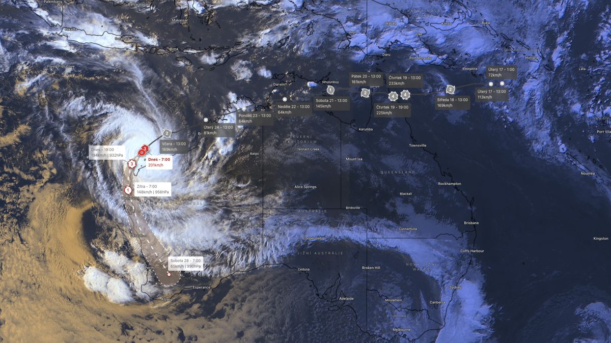 Vzácný jev v Austrálii. Cyklon Narelle obkrouží polovinu kontinentu